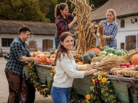 Junge Erwachsene schm&uuml;cken einen Erntewagen mit K&uuml;rbissen, Kohl, &Auml;pfeln, Getreide und Blumen auf einem deutschen Bauernhof &ndash; gemeinschaftliche Vorbereitung f&uuml;rs Erntedankfest.
