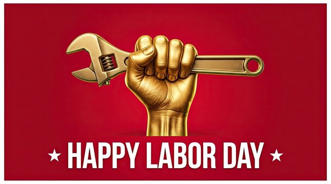 A golden fist holding a wrench celebrating the spirit of hard work and unity on labor day