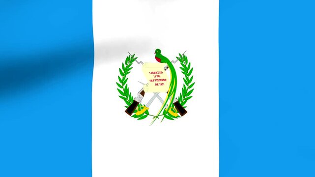 Waving national flag of Guatemala with the official coat of arms in the center of the white stripe