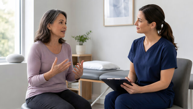 Woman discussing pelvic health with a healthcare professional during a seated consultation focused on pelvic floor therapy and wellness guidance.