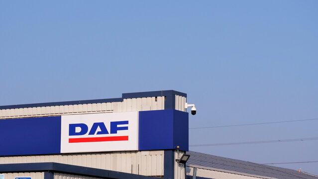 Leicester, England, UK - 17 July 2026: DAF logo on corporate building facade, truck service center sign