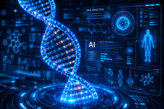 Glowing Blue DNA Helix with Abstract Scientific Background