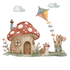 Cute watercolor mouse in green overalls flying kite near mushroom house with smiling snail in pink hat. Vintage woodland illustration for nursery decor and children storybook.