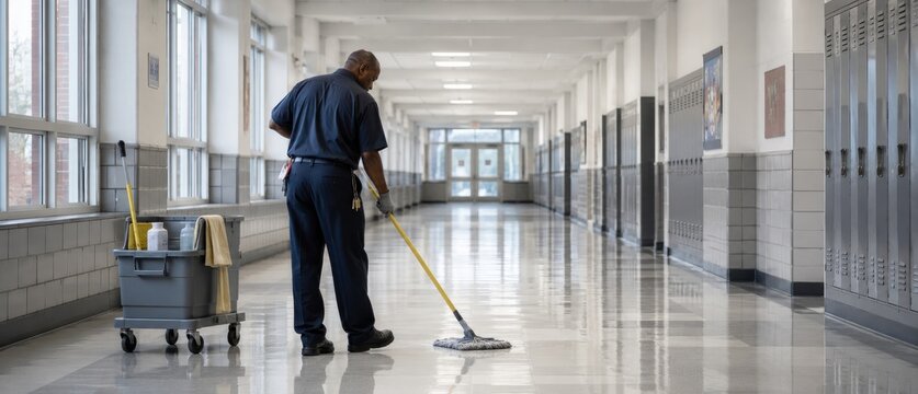 Janitor meticulously mops a shiny school hallway with lockers lining the walls