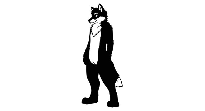 Anthropomorphic wolf character stands in a full body black silhouette