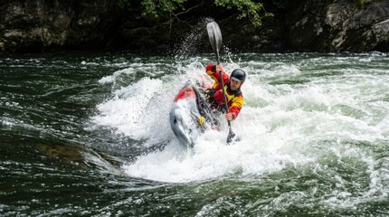 Fototapeta premium Kayaker navigates whitewater rapids while raising a paddle high on a river