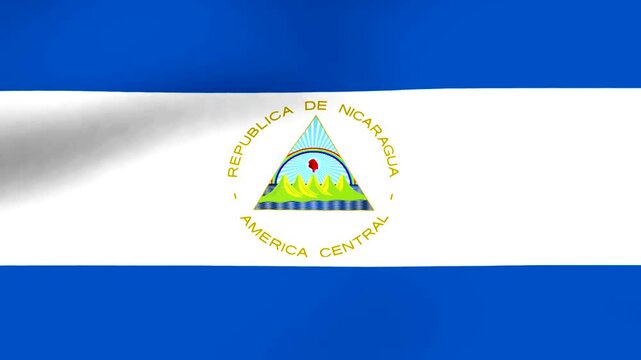 Waving national flag of Nicaragua with blue and white stripes and central emblem