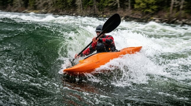 A kayaker paddles through a curling green wave in an orange kayak.