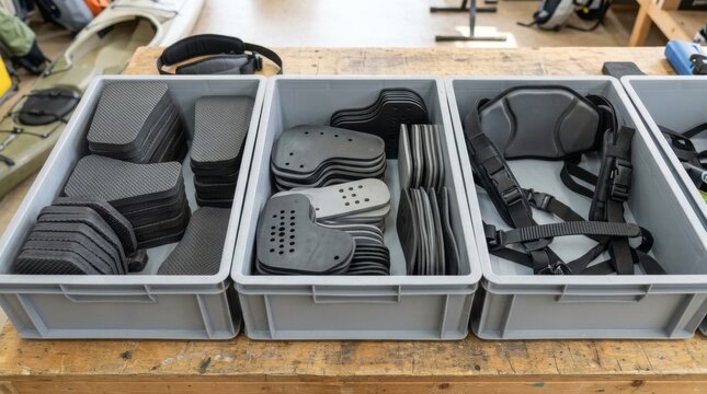 Gray foam pads and straps are stored in three bins.