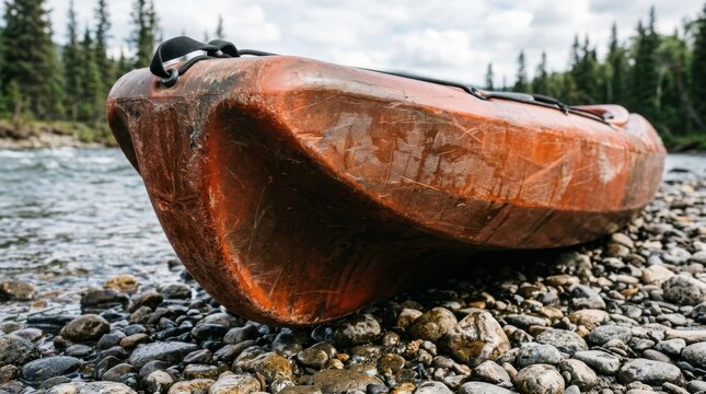 A weathered orange kayak rests on a rocky shore by the water.