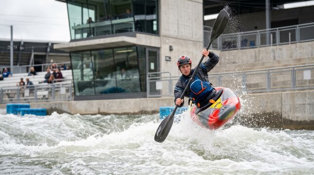 Kayaker wearing helmet and life jacket paddles through rough water near a building.