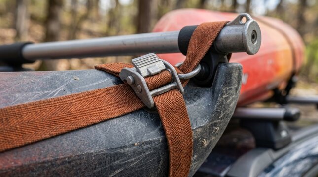 A brown strap is fastened with a metal buckle on an outdoor surface.