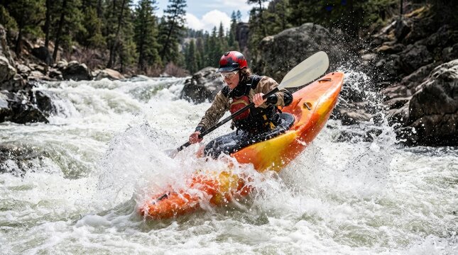 A kayaker navigates whitewater rapids in an orange kayak while wearing a red helmet.