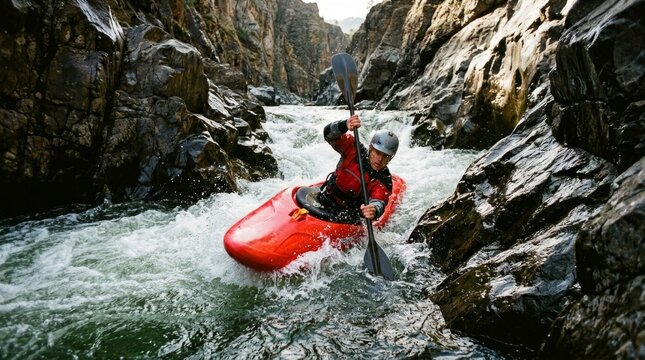 A person paddles a red kayak through white water between rocky cliffs.