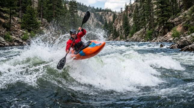 Kayaker shoots through rough whitewater while steering an orange and blue kayak past rocks