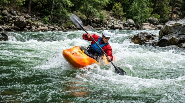 Kayaker paddles through whitewater rapids in a rocky river surrounded by trees