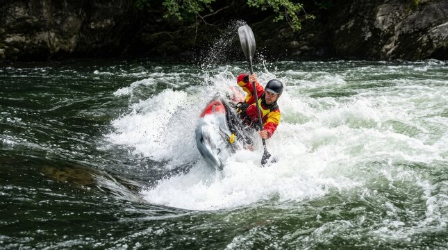 Kayaker navigates whitewater rapids while raising a paddle high on a river