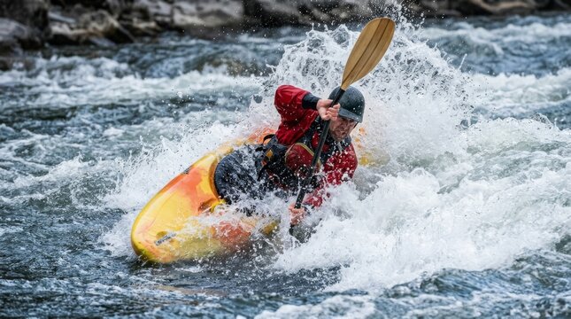 A kayaker paddles through white water in a red jacket on a yellow kayak.