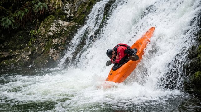 A kayaker paddles through a fast whitewater run in a bright orange kayak.
