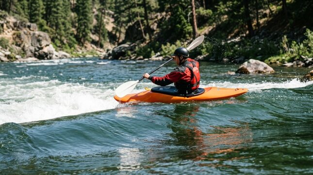 A paddler wearing a red life jacket paddles an orange kayak on a river.
