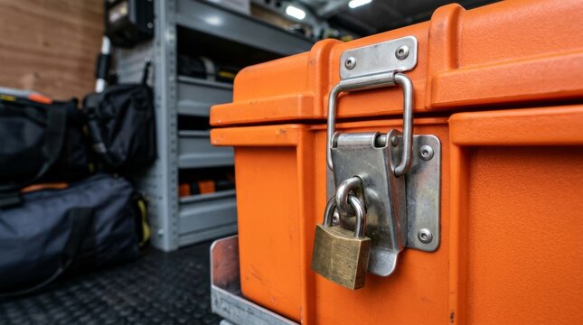 A close up of an orange toolbox with a padlock securing the latch.