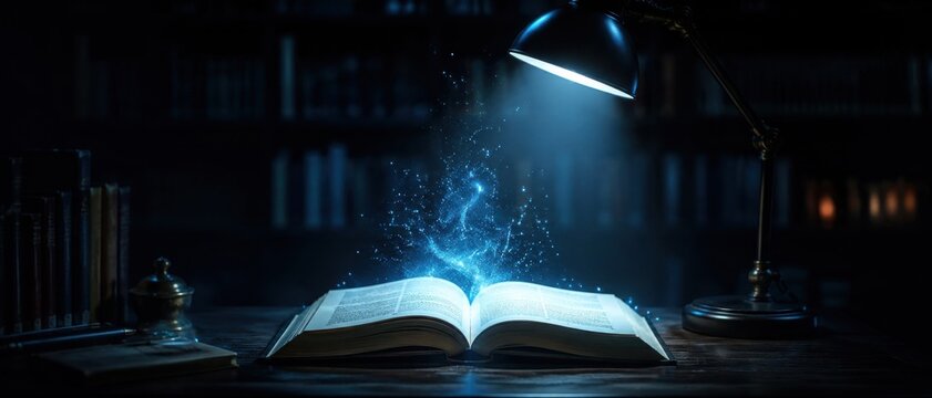 Magical book glowing with blue energy under a reading lamp in a library