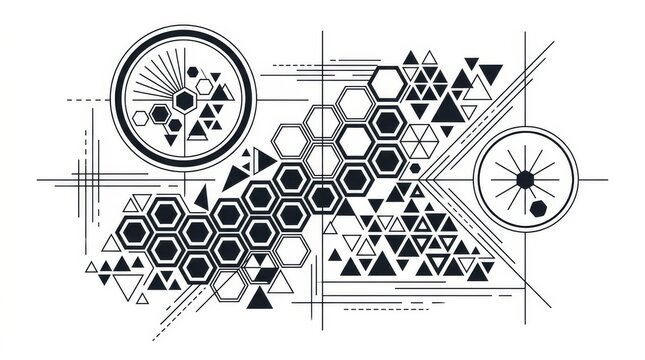Abstract Geometric Hexagon Pattern with Compass and Lines.