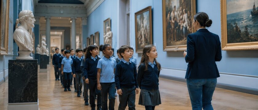 School children on a field trip exploring art in a museum gallery