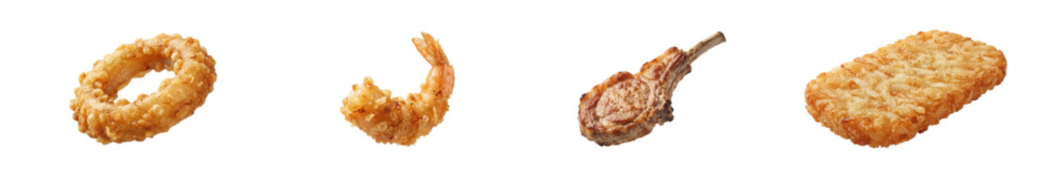 Fried Food Items Including Onion Ring, Fried Shrimp, Pork Chop, and Hash Brown. Fast Food, Snack, Crispy, Golden, Appeti