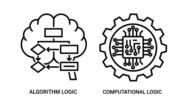 Artificial intelligence algorithm and computational logic icon set with thinking