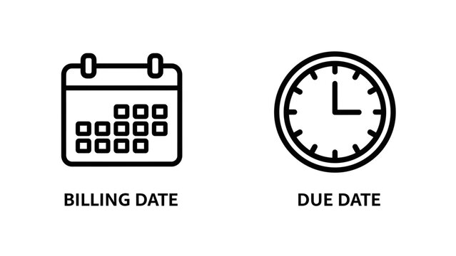 Billing date and due date calendar and clock icons set with calendar, deadline