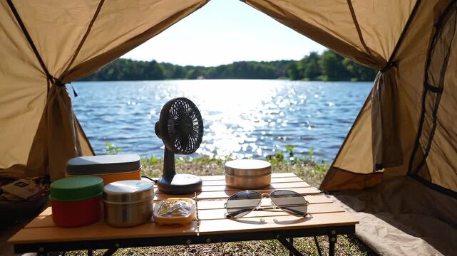 Camping tent overlooks lake, with folding table set for outdoor meal. Small fan, food containers, and sunglasses rest inside while sunlight sparkles across water beyond open entrance.