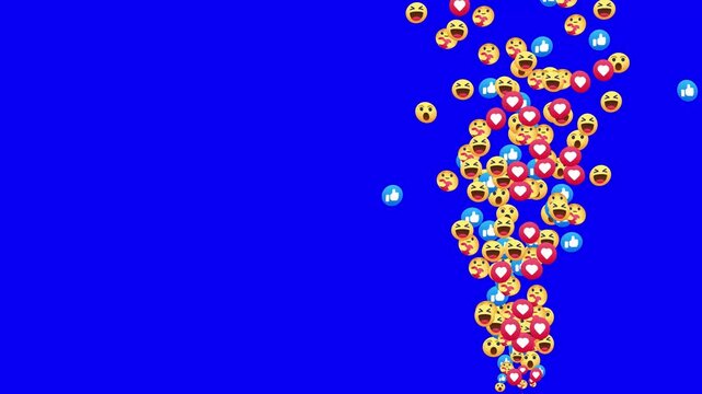 Live streaming animated icon. Animated social media reaction emojis and hearts ,care, like, haha, sad, care icon floating upwards on a black background. 4k animation