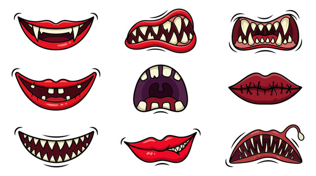 Monster Mouths Vector Set with Fangs and Sharp Teeth for Halloween Designs
