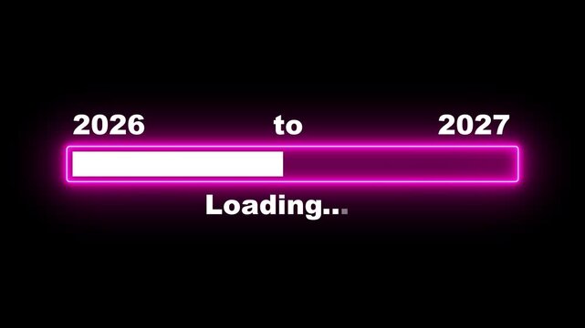 Neon line New Year 2027 loading bar animation showing the transition from 2026 to 2027, Progress loading bar moving toward the New Year. Almost reaching New Year, 4k video