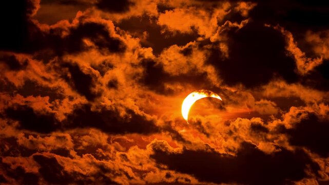 Partial solar eclipse timelapse during sunset time with sun mostly covered by moon, glowing orange clouds drifting across sky in slow motion.