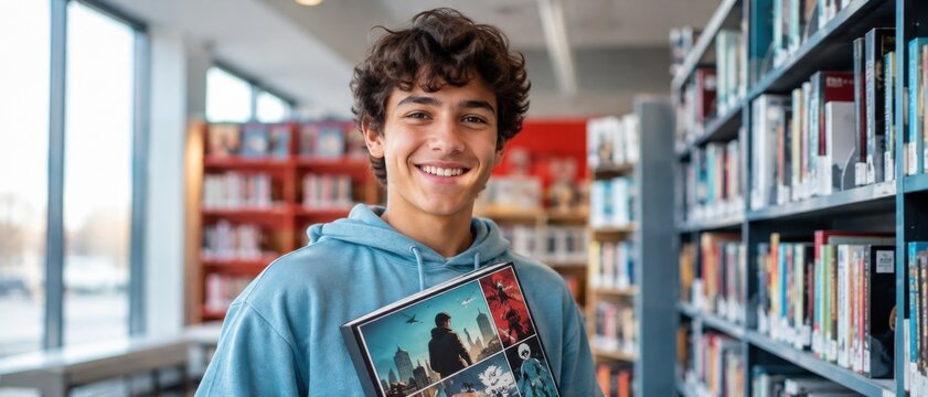 Smiling teenage boy holding a comic book in a library setting