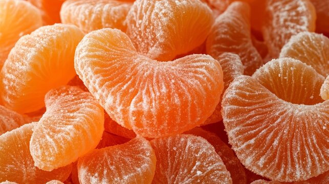 Close Up Background Filled With Dried And Sugared Mandarin Orange Slices For Sweet Candy Treats