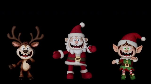Funny crazy 3D cartoon Santa Claus reindeer and elf dancing together on green screen chroma key. Christmas holiday characters animation compositing overlay. Alpha channel. 3d rendering animation.
