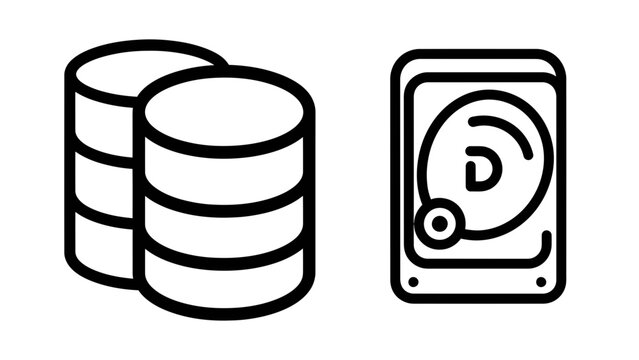 Database server storage and digital drive hardware disk icons with database