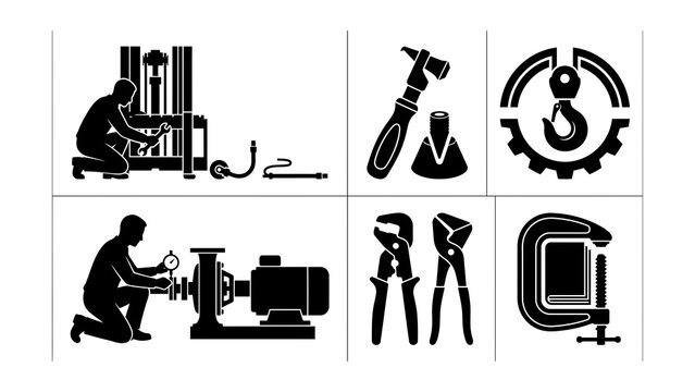 Black and white workshop tools and equipment icons set