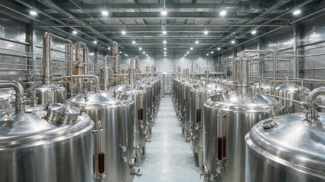 interior of modern winery production facility, blend of traditional experience and modern technology, rows of gleaming stainless steel fermentation tanks for brandy distillation, copy space for text