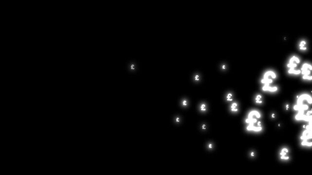 Glowing white pound sterling currency symbol rain animation on black screen, Money finance economy pound symbol, Floating British pound currency symbols, white pound sterling signs flying fast.4k