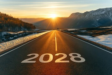 Obraz premium A Future Concept Showcasing An Empty Asphalt road Stretching Into The Horizon For Year 2028 Success.