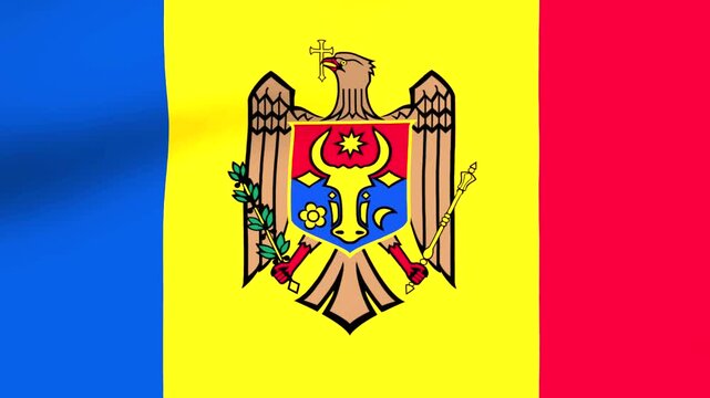 Waving national flag of the Republic of Moldova with blue yellow and red vertical stripes and official state coat of arms