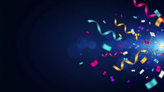 Festive celebration background featuring colorful confetti and shimmering serpentine streamers bursting across a dark blue gradient space with bright glowing bokeh light effects