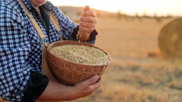 Close up of mature male farmer sifting grain in a rural harvest field.