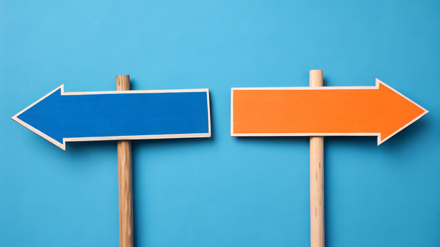 Blue and orange 3D direction arrows on wooden posts against turquoise background for business choice concept