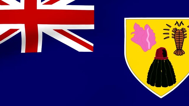 Waving national flag of Turks and Caicos Islands with detailed coat of arms