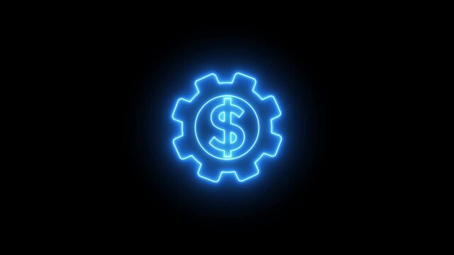 Animated financial optimization and management icon neon glowing featuring a mechanical gear with a dollar sign. automation, business, and investment systems.